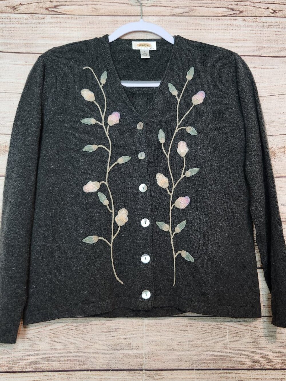 Talbots Silk Blend Cardigan Sweater Petite Floral 2 Piece Set Cottagecore Gray